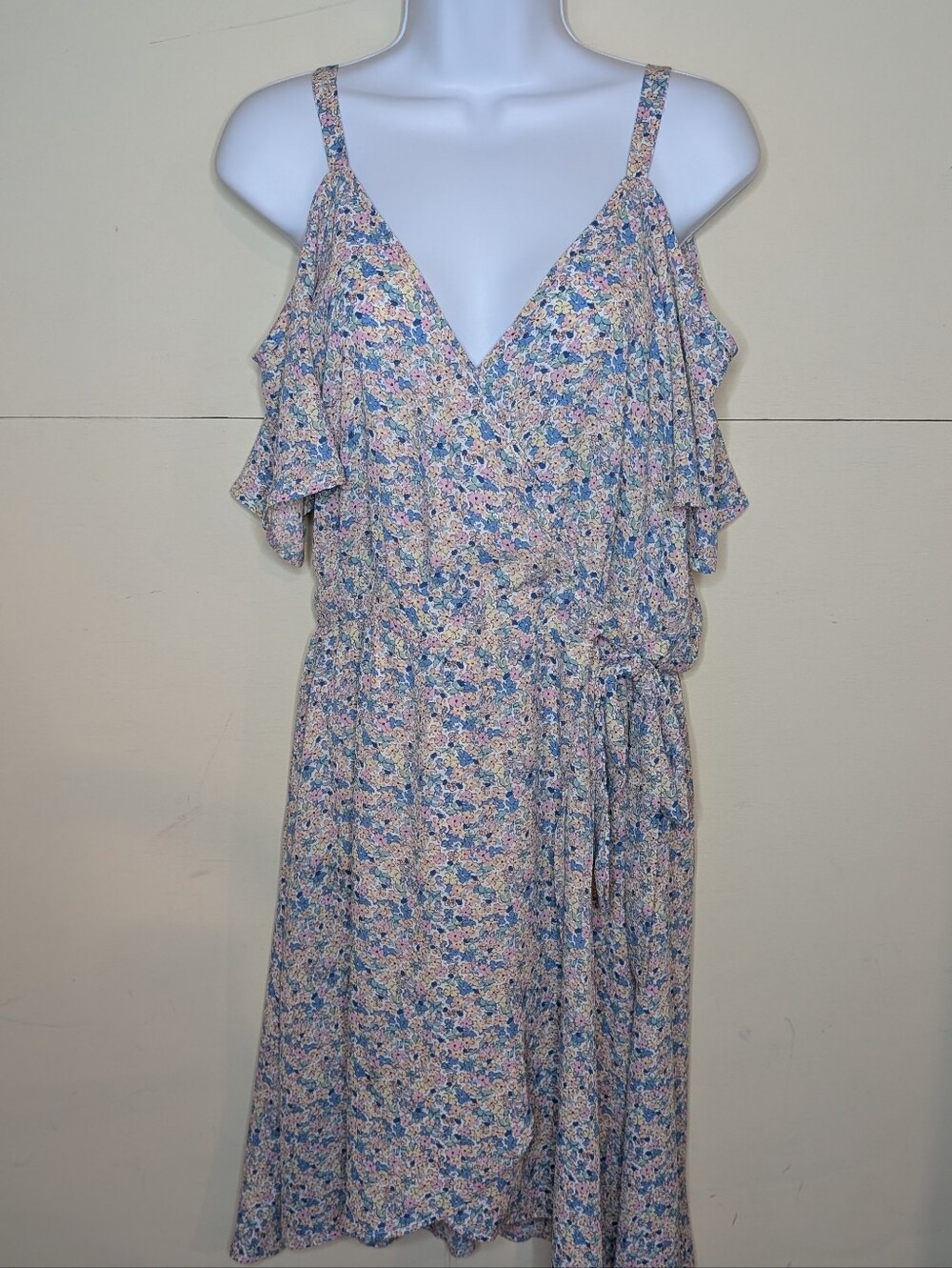 Sienna Sky Faux Wrap Style Dress Pastel Floral Print Open Shoulder